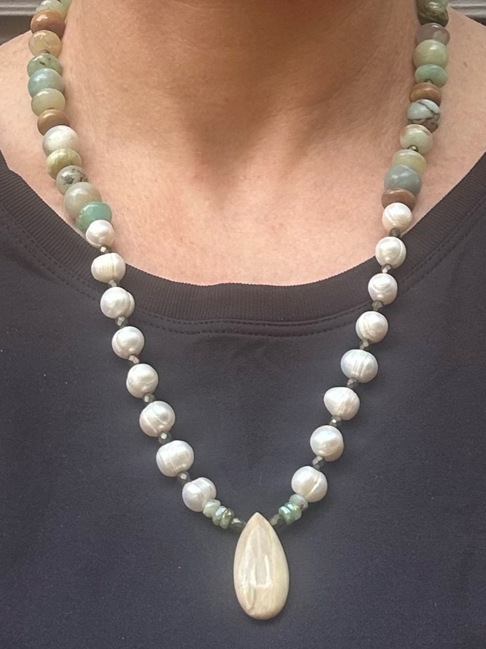 NWOT Artisan Pearl and Amazonite Teardrop Necklace - Cream, Green, Blue